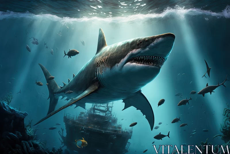 Illustrated Shark Encounter on Ocean Surface AI Image