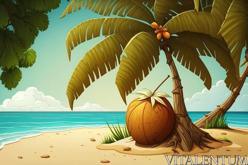 Sunny Beach Day Cartoon Illustration with Coconut Tree and Ocean AI Image