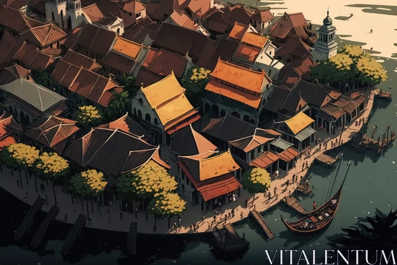 Traditional Asian-Inspired Cityscape with Dramatic Shadows AI Image