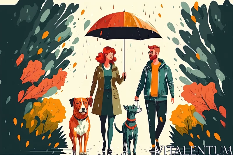 Couple and Dog in Autumn Rain: An Atmospheric Illustration AI Image