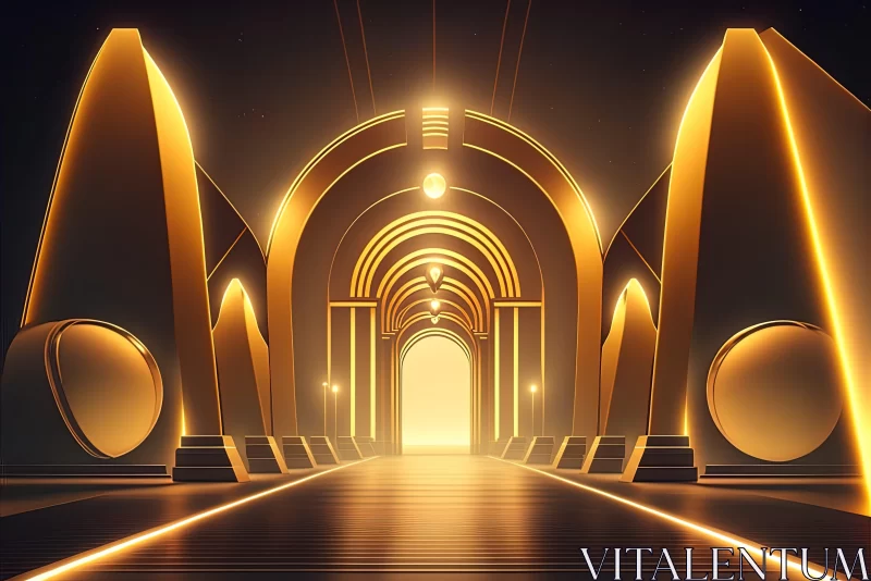 AI ART Golden Glowing Portal in Dark Tunnel - Timeless Elegance