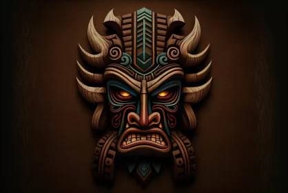 Intricate Tribal Wooden Mask in 3D Maori Art and Dracopunk Style