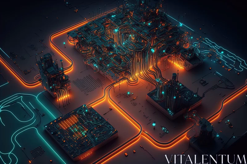 3D Neon Cyber City in Oil Style Rendering AI Image