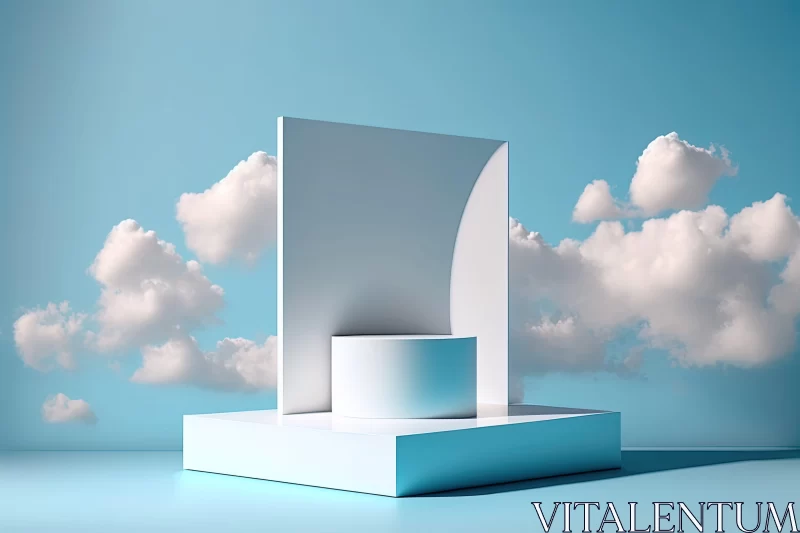 Minimalist Monochromatic Composition with White Stand and Blue Clouds AI Image