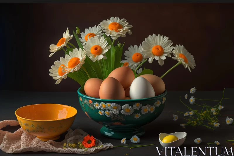 Still Life Art: Folkloric Realism in a Bowl of Eggs and Flowers AI Image