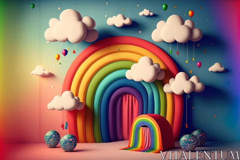 Surreal 3D Rainbow Landscape with Clouds and Balloons AI Image