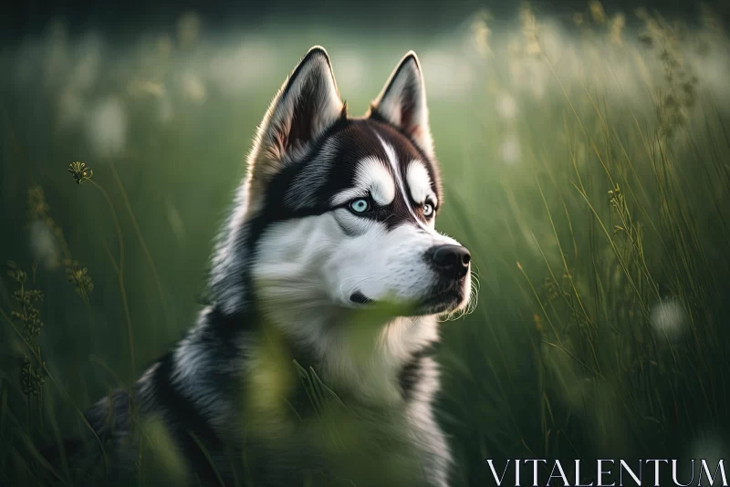 Husky Dog in Grass - Captivating Digital Art Portrait AI Image