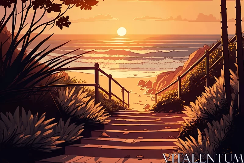Tranquil Beach Sunset Illustration AI Image
