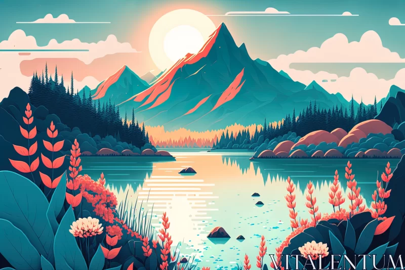 Mountain Lake Sunset Illustration with Vibrant Color Fields AI Image
