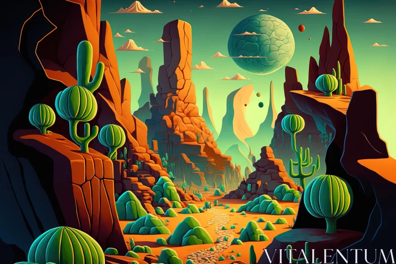 Surreal Desert Landscape with Otherworldly Planet Illustration AI Image