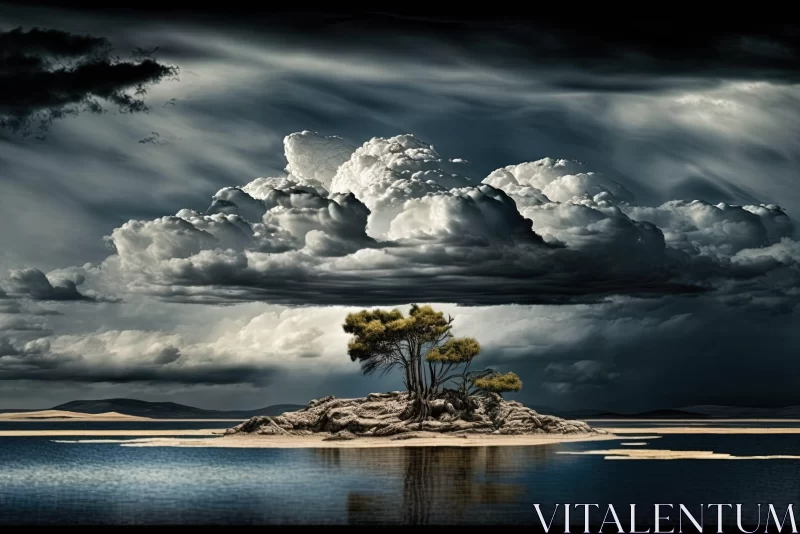 Surreal Island Landscape with Lone Tree and Storm Clouds AI Image