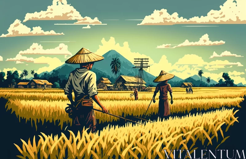Asian Farmer Field in Detailed Pixel Art - Vintage Style AI Image