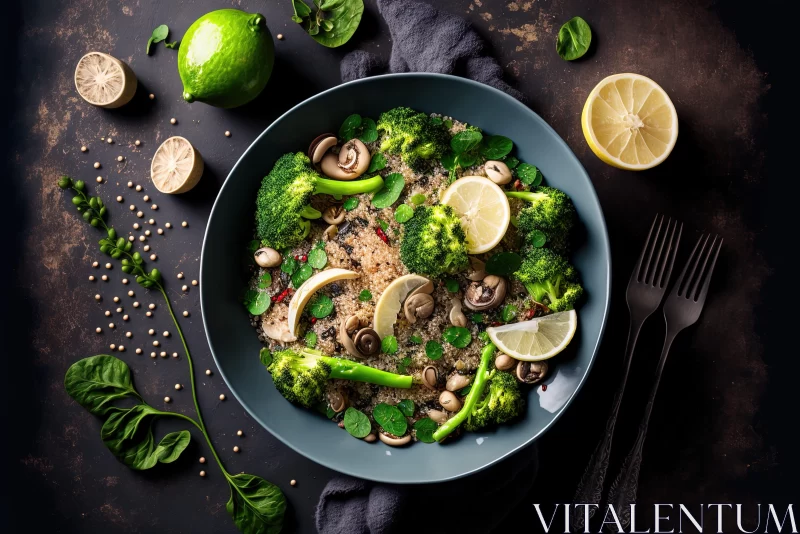 Fresh and Healthy Bowl of Broccoli, Mushrooms, and Limes AI Image