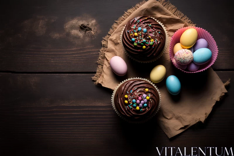 Moody Easter Feast: Chocolate Cupcakes and Eggs AI Image