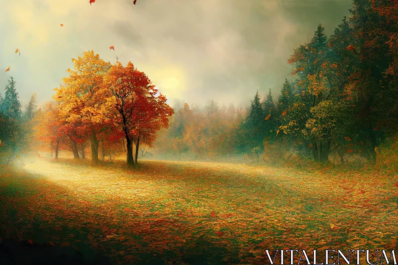 Amber Autumn: Foggy Forest Landscape AI Image
