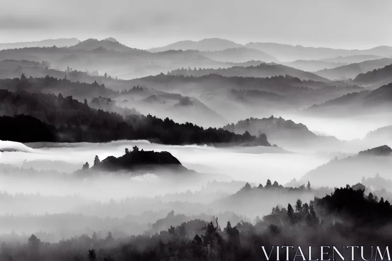 Tranquil Foggy Mountain Landscape in Monochrome AI Image