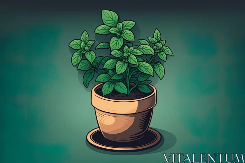 Detailed Cartoon Illustration of a Potted Basil Plant AI Image