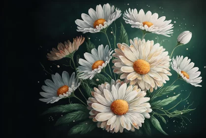 Detailed Illustration of Daisies on Black Background