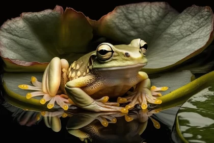 Frog on Leaf with Water Reflection - Naturalistic Animal Art