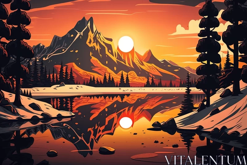 Mountain and Lake Sunset Illustration in Cabincore Style AI Image