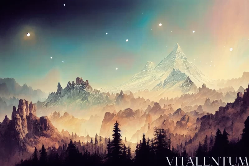 Mystical Mountain Landscape under Starry Night Sky AI Image