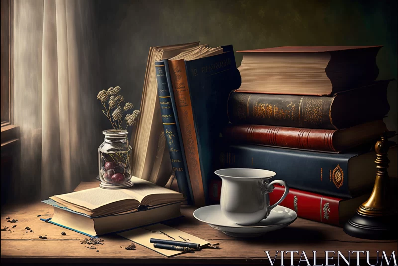 Nostalgic Painted Still Life of Books on a Window Sill AI Image
