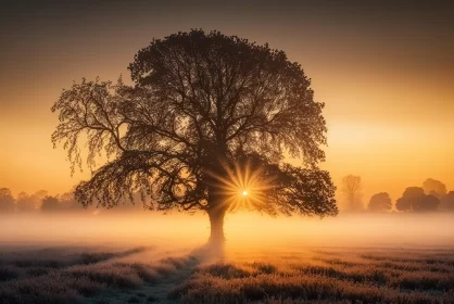 Sunlit Foggy Field with Lone Tree and Elf - Enchanting British Landscape