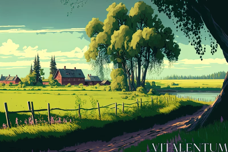 Enchanting Retro Field with Houses and Romantic Riverscape AI Image