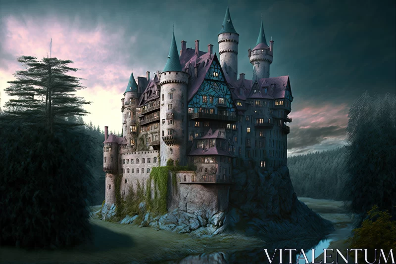Whimsical Castle by the Water - Detailed Rendering in Magenta and Azure AI Image