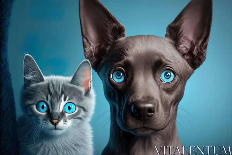Surrealistic Illustrations of a Cat and Dog with Blue Eyes AI Image