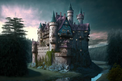 Whimsical Castle by the Water - Detailed Rendering in Magenta and Azure