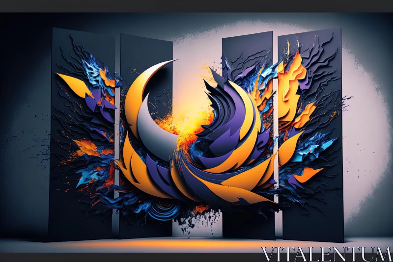 Abstract 3D Bird Artwork in Orange and Blue AI Image
