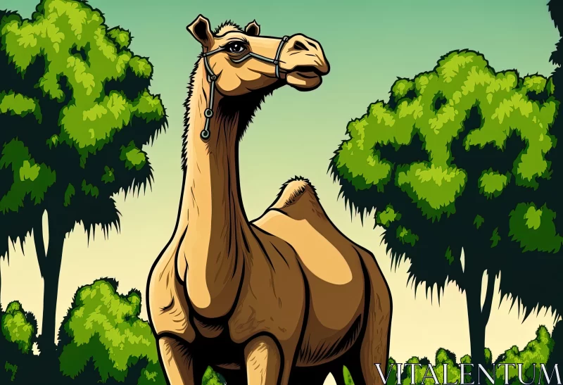 Cartoon Style Camel Illustration Amidst a Lush Forest AI Image