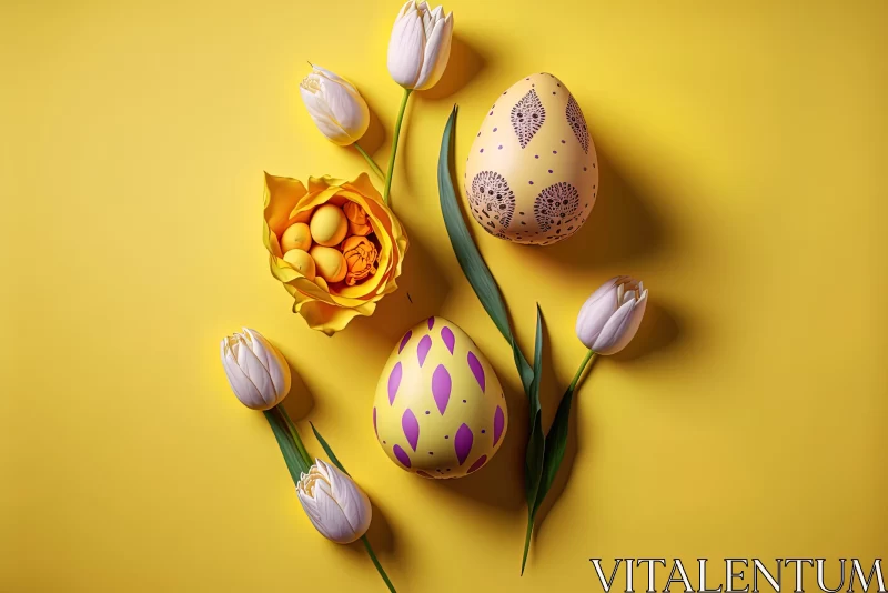 Easter Tulips and Painted Eggs on Yellow Background AI Image