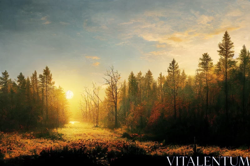 Serene Autumn Forest Sunrise: A Nostalgic Panorama AI Image