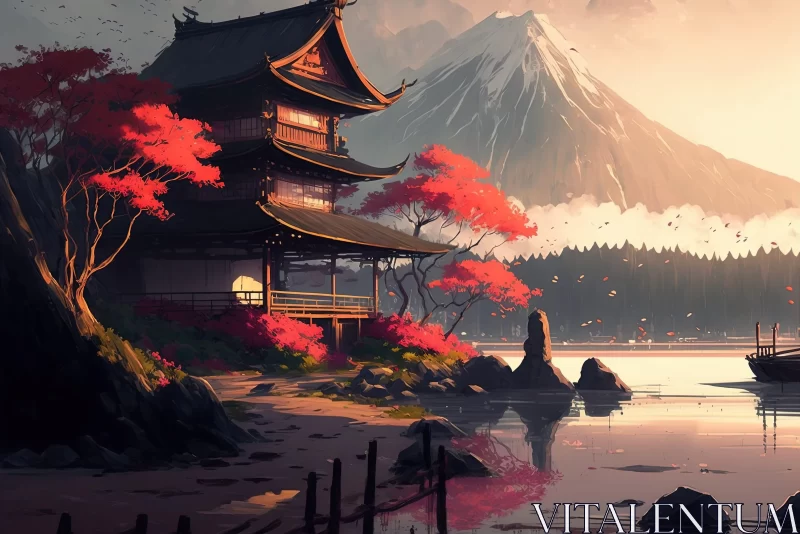 Anime Art: Serene Japanese Village by Water AI Image