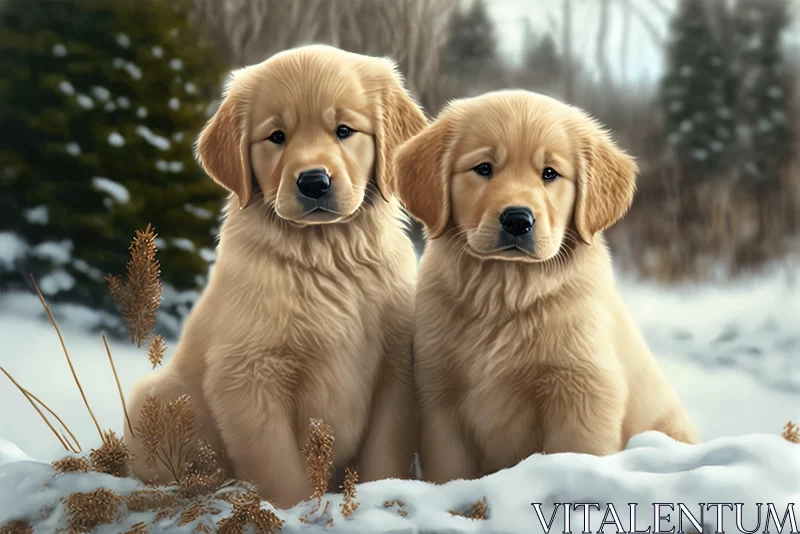 Golden Retriever Puppies in Snow - Innocent Exploration AI Image