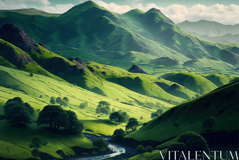Lush Green Valley in Fantasy Landscape Art AI Image