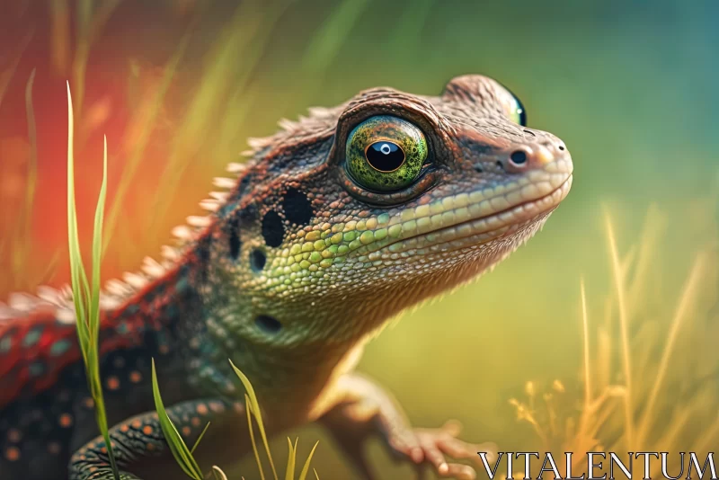 Colorful Lizard in Grassy Field: A Blend of Realism and Fantasy AI Image