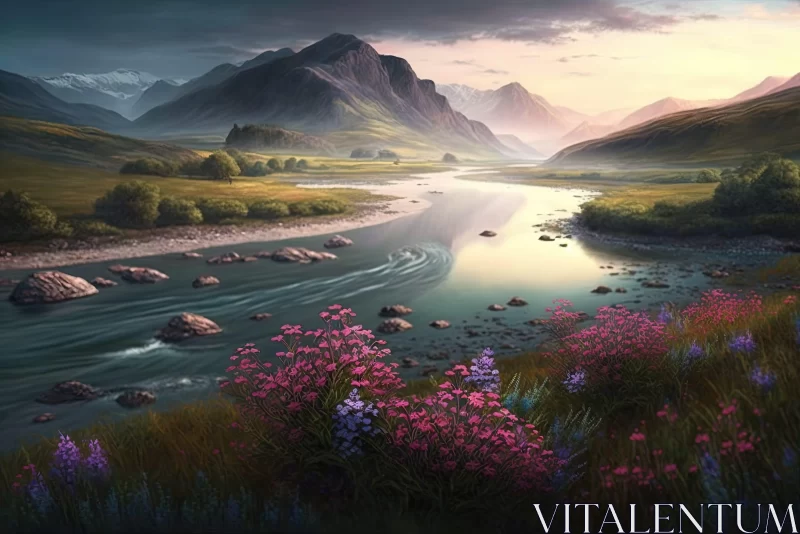Digital Fantasy Landscape: A Bucolic River Scene with Flowers AI Image