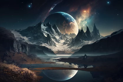 Mesmerizing Space Landscape with Mountains and Ponds