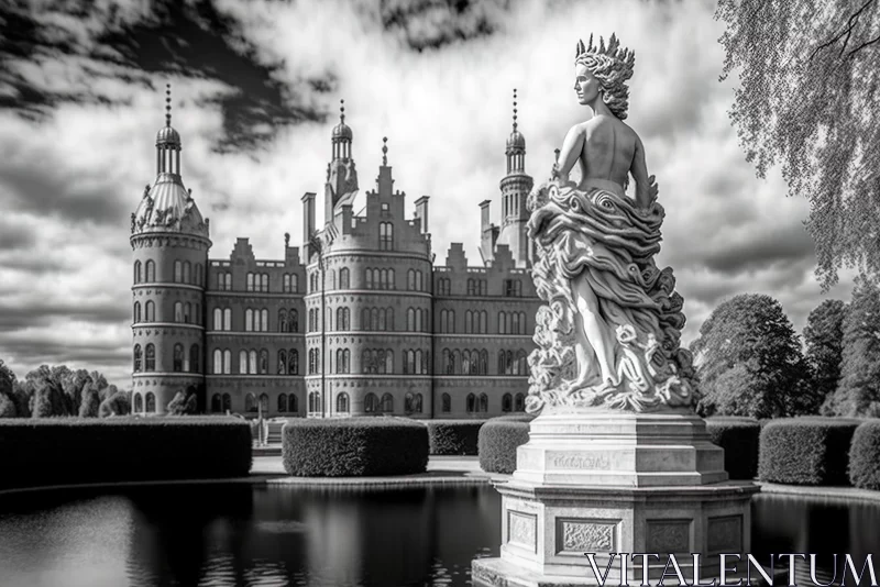 Monochrome Majesty: A Castle and Statue in the Dutch Landscape AI Image