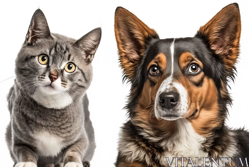 Characterful Animal Portraits - Cat and Dog on White Background AI Image