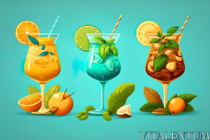 Colorful Cocktail Illustrations with Elaborate Fruit Arrangements AI Image