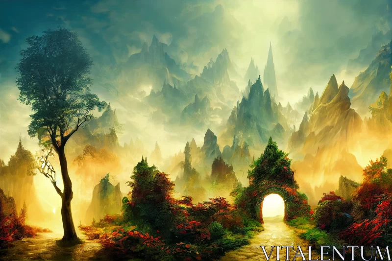 Fantasy Mountain Landscape with Arched Doorway AI Image