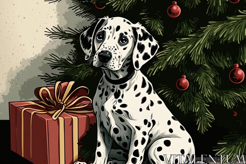 Nostalgic Christmas Dalmatian Illustration in Comic Art Style AI Image
