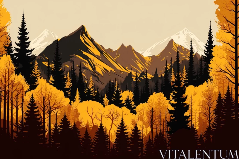 Autumn Aspen Grove Mountain Wallpaper - Woodcut-Inspired Art AI Image