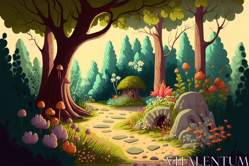 Enchanting Forest Path - Cartoon Landscape Illustration AI Image