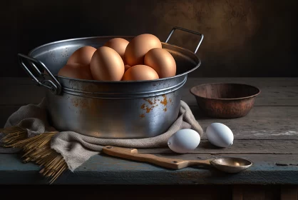 Farm Life - Copper Bowl with Eggs on Wooden Table