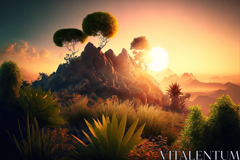 Sunrise Over Mountain - Luminous 3D Nature Art AI Image